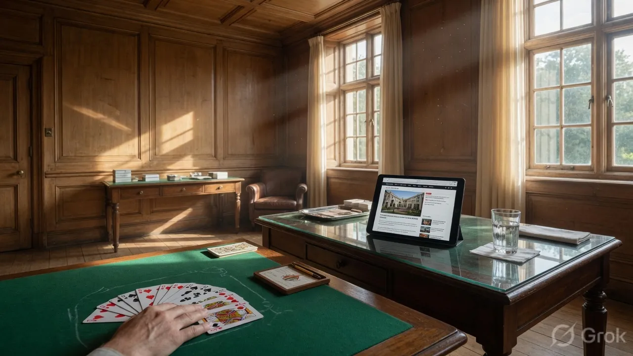 Wide editorial view of an empty card-room chamber during a quiet hour, daylight from tall windows falling on green baize, a folded cloth over a stack of chips on the side rail.