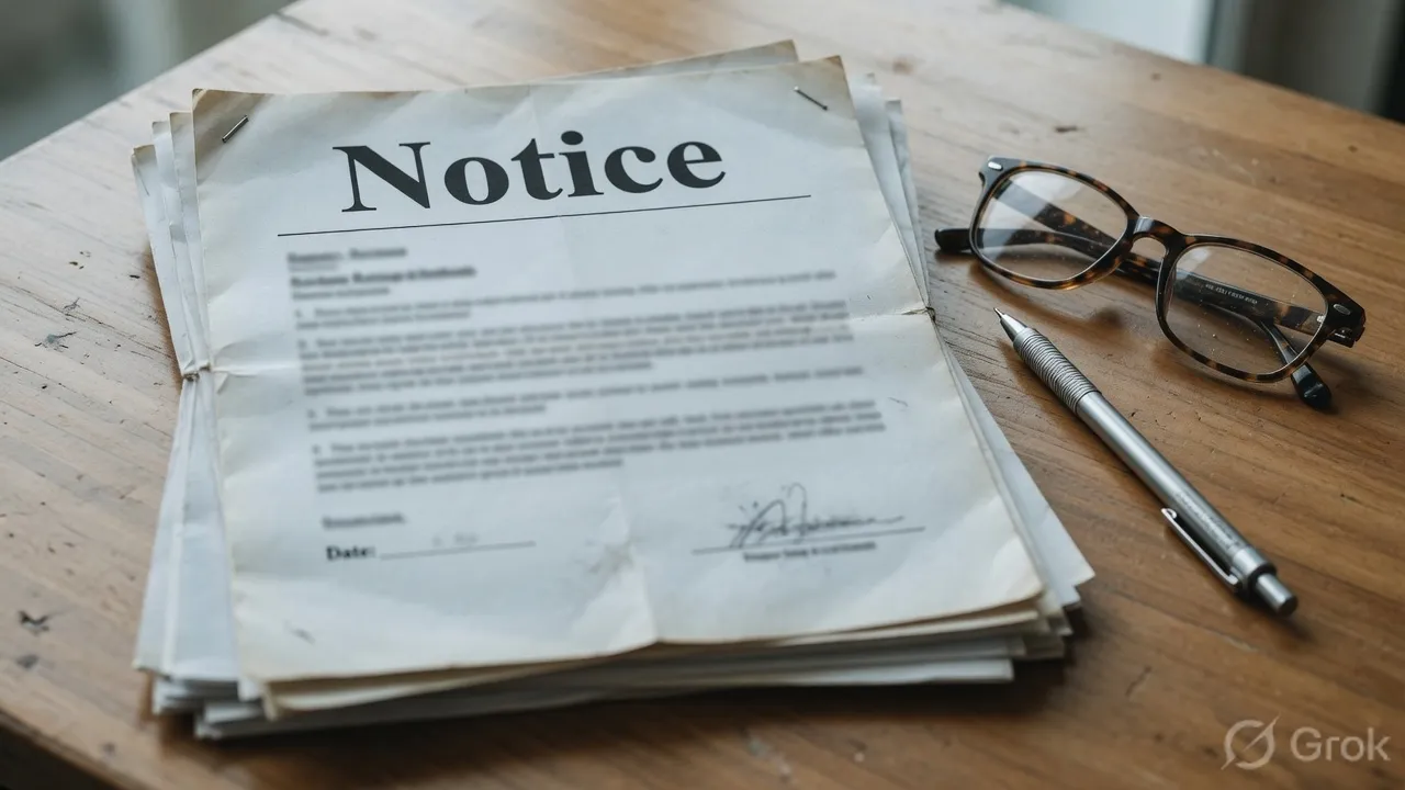 Editorial close-up of a state gazette cover sheet clipped to a wooden clipboard, a pen across the top, a small registration insert folded beside it, side daylight, shallow depth of field.