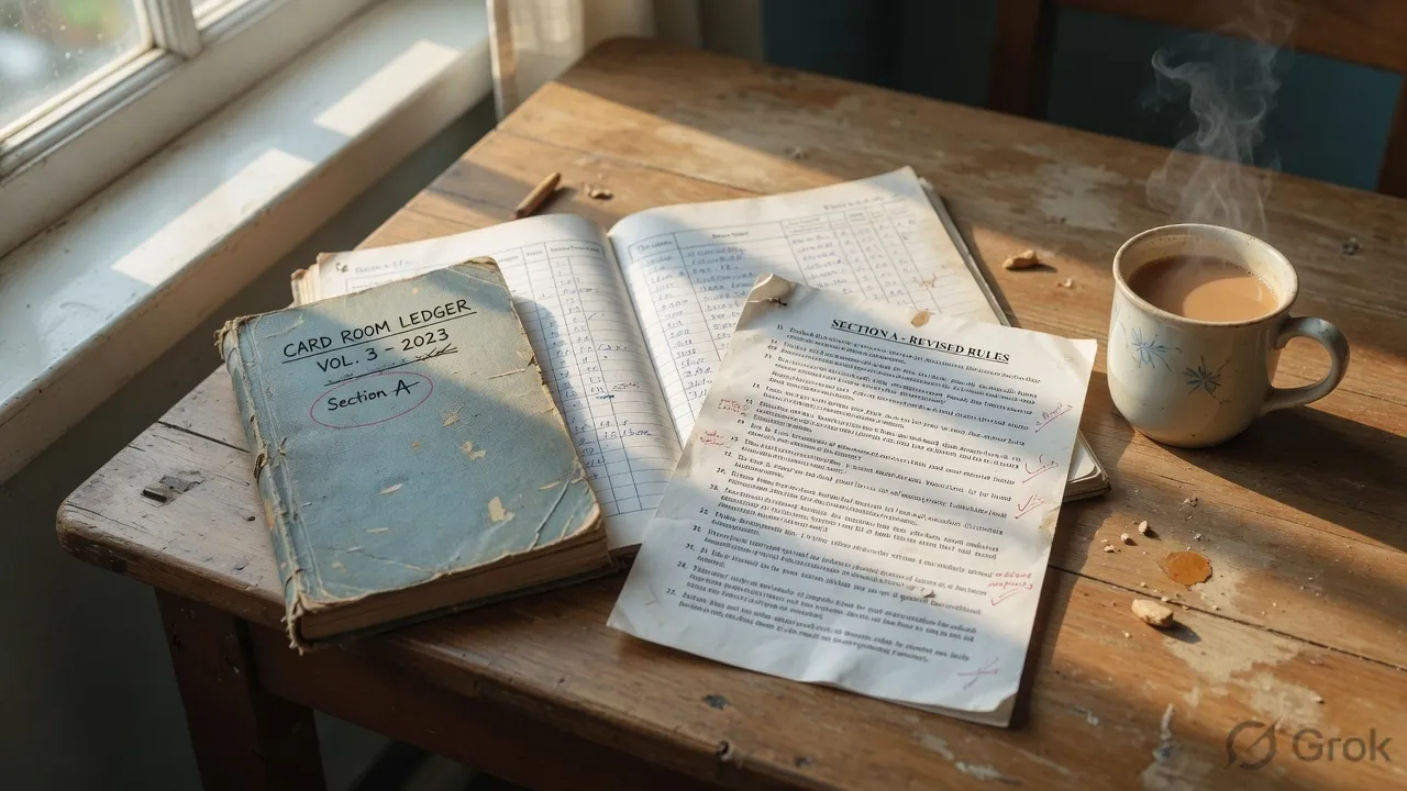 Medium editorial view of a banker-style ledger lying open beside a state gazette supplement and a folded registration acknowledgement slip on a desk, soft afternoon light.